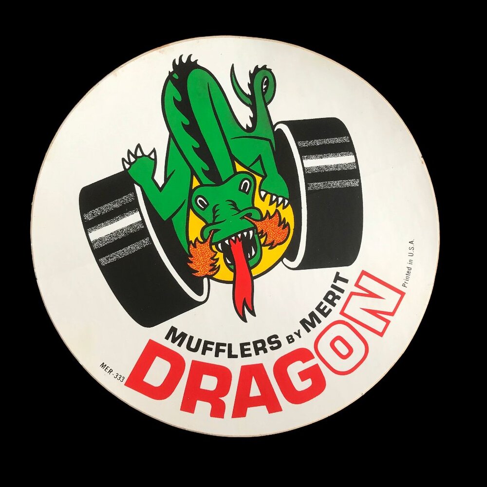 Mufflers by Merit Dragon, Merit Mufflers - vintage auto decal - Round 5" Dia